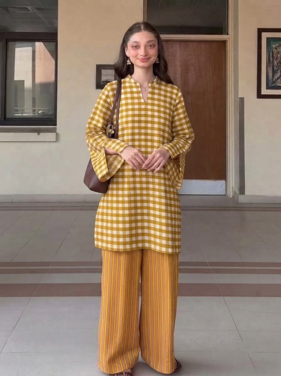 Mustard Gingham & Striped Premium Cotton Co-ord Set