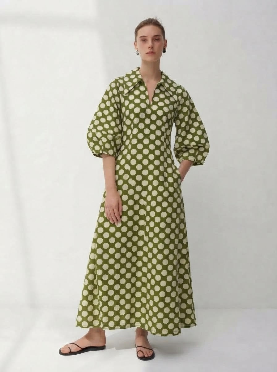 Olive Green Polka Dot Premium Cotton Maxi Dress