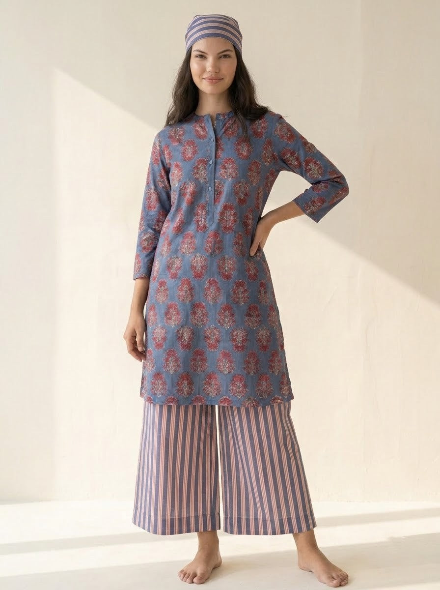 Blue Hand Block Printed & Striped Co-ord Set