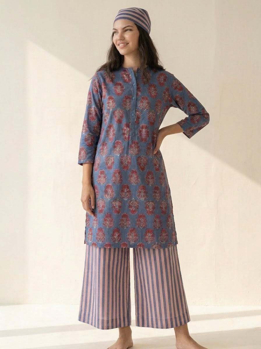Blue Hand Block Printed & Striped Co-ord Set
