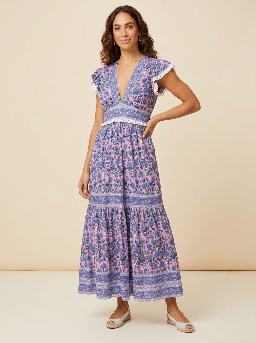 Pink & Blue Floral Printed Tiered Maxi Dress