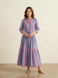 Pink & Blue Striped Tiered Maxi Dress