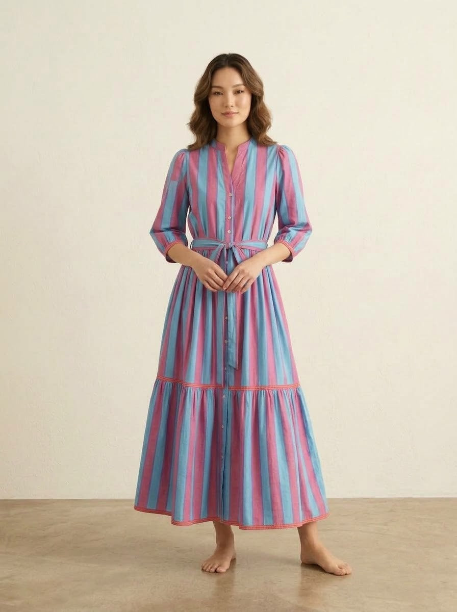 Pink & Blue Striped Tiered Maxi Dress