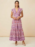 Purple & Pink Floral Printed Tiered Maxi Dress