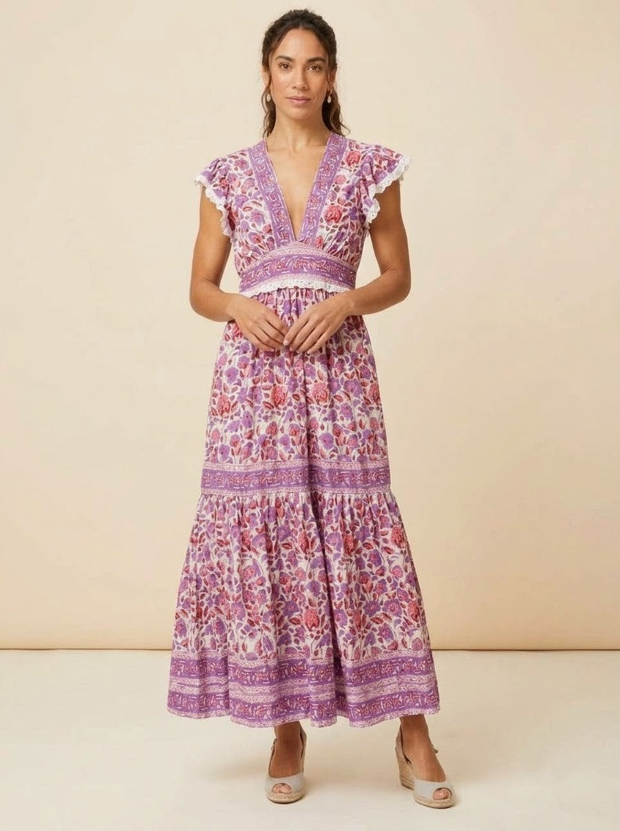 Purple & Pink Floral Printed Tiered Maxi Dress