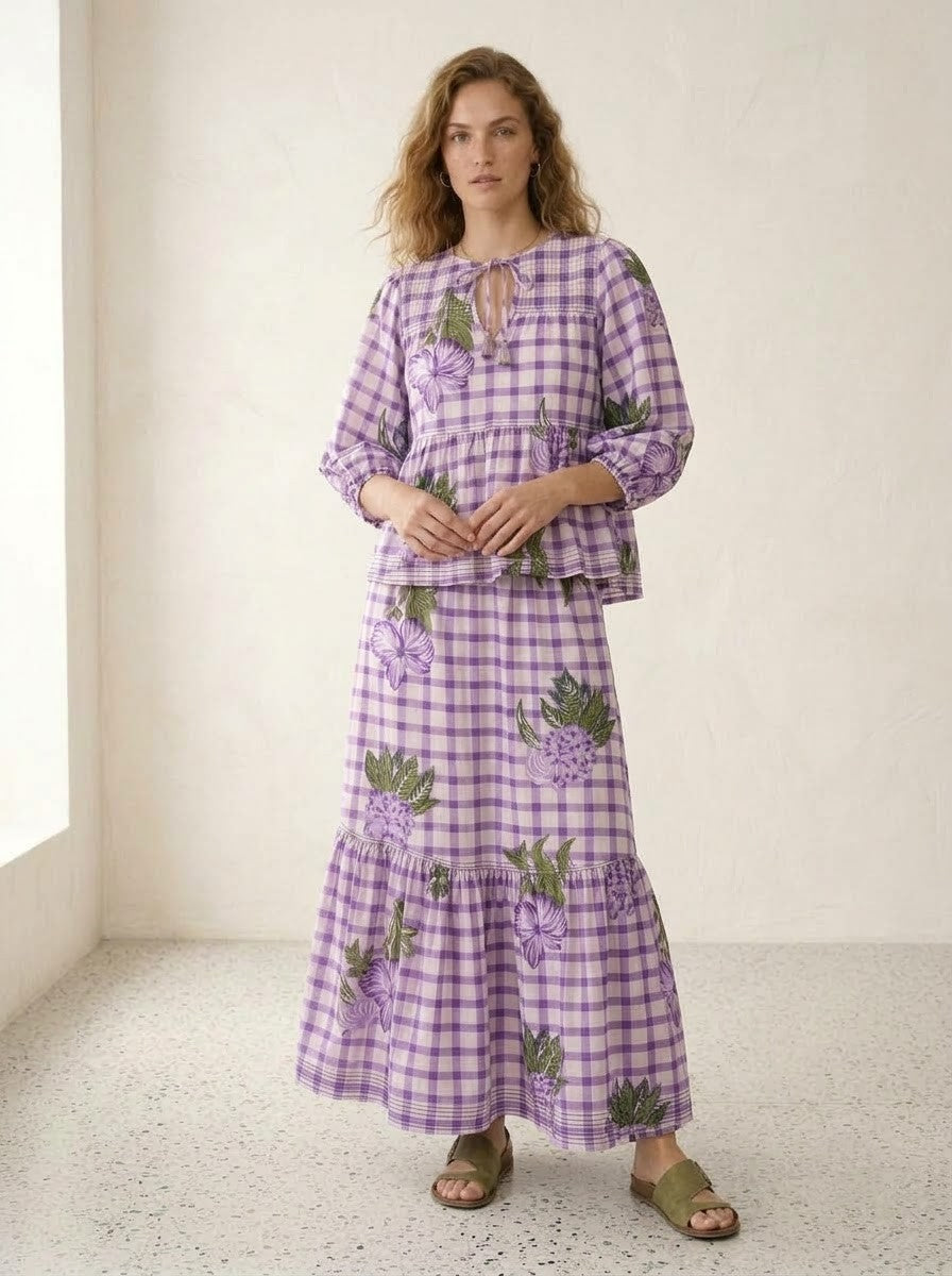 Purple Gingham Floral Printed Top & Skirt Set