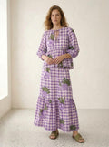 Purple Gingham Floral Printed Top & Skirt Set