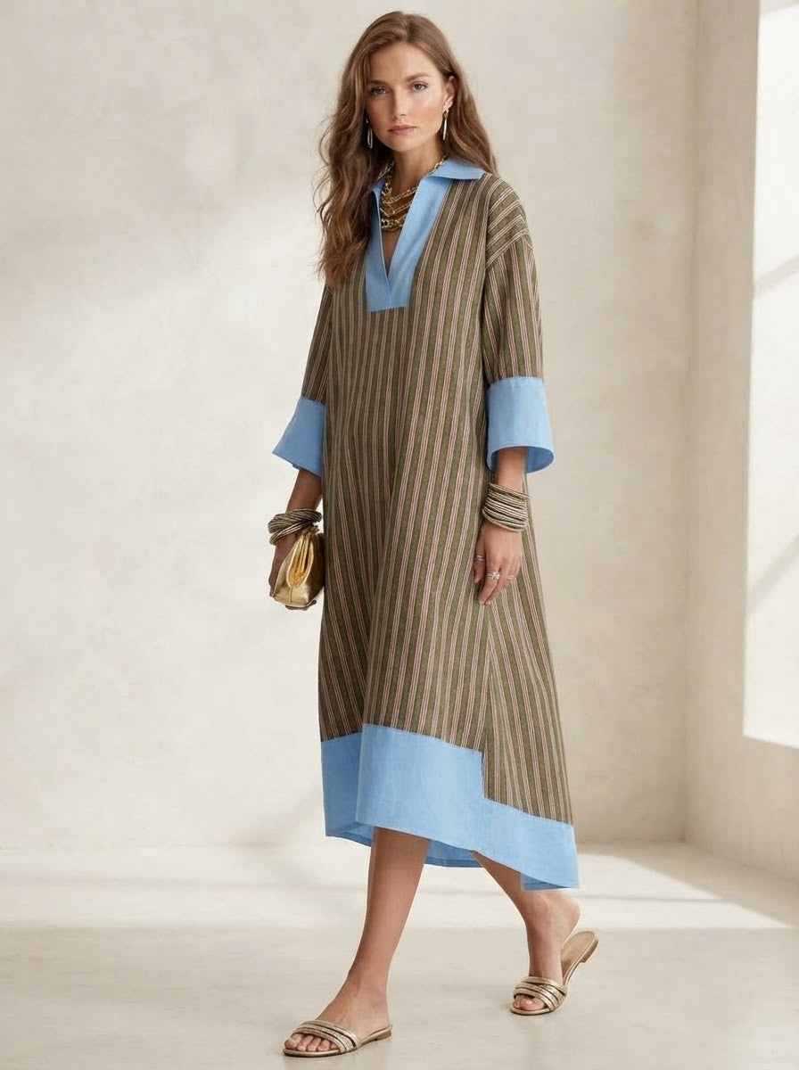 Olive Green Striped Kaftan Style Midi Dress