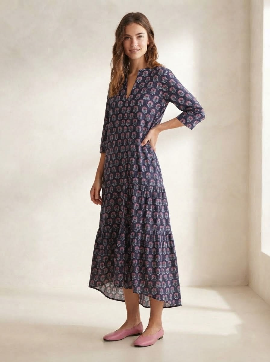 Navy Blue Floral Block Printed Midi Dress