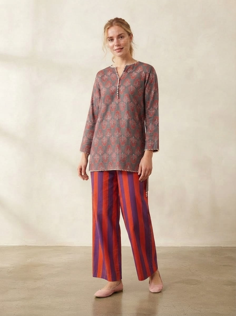 Floral Motif & Striped Premium Cotton Co-ord Set