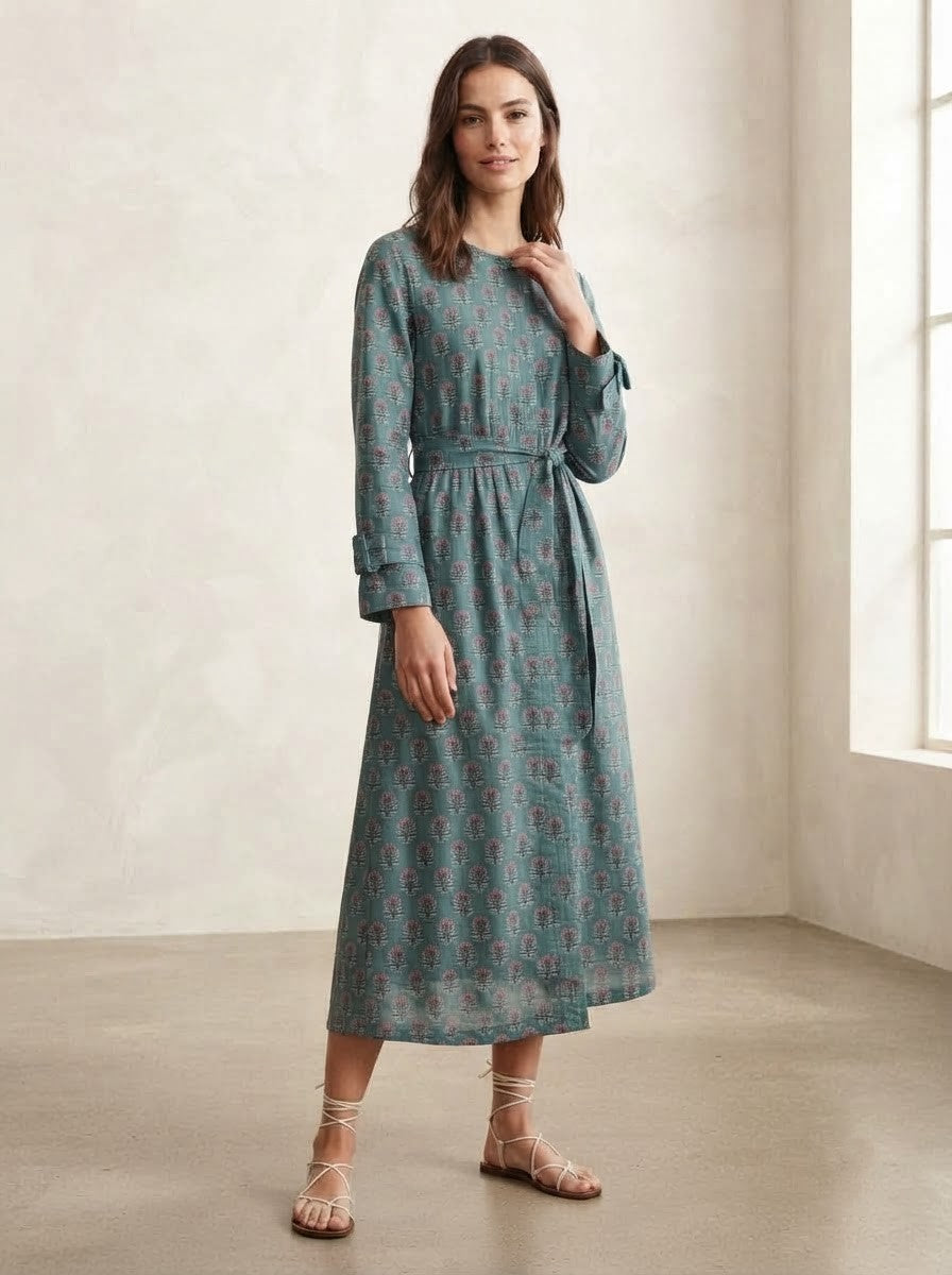 Teal Floral Block Print Premium Cotton Belted Dress