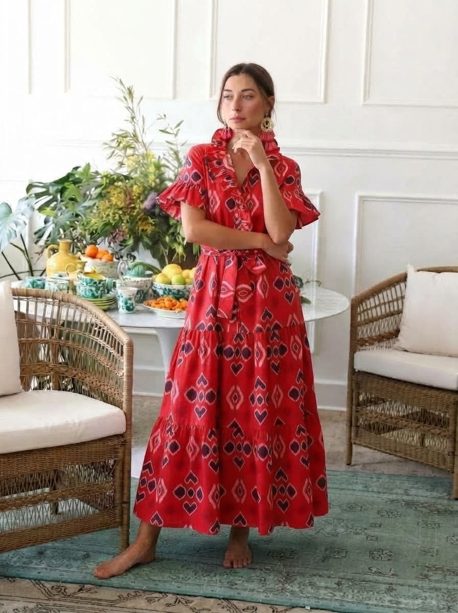 Red Geometric Print Premium Cotton Tiered Dress