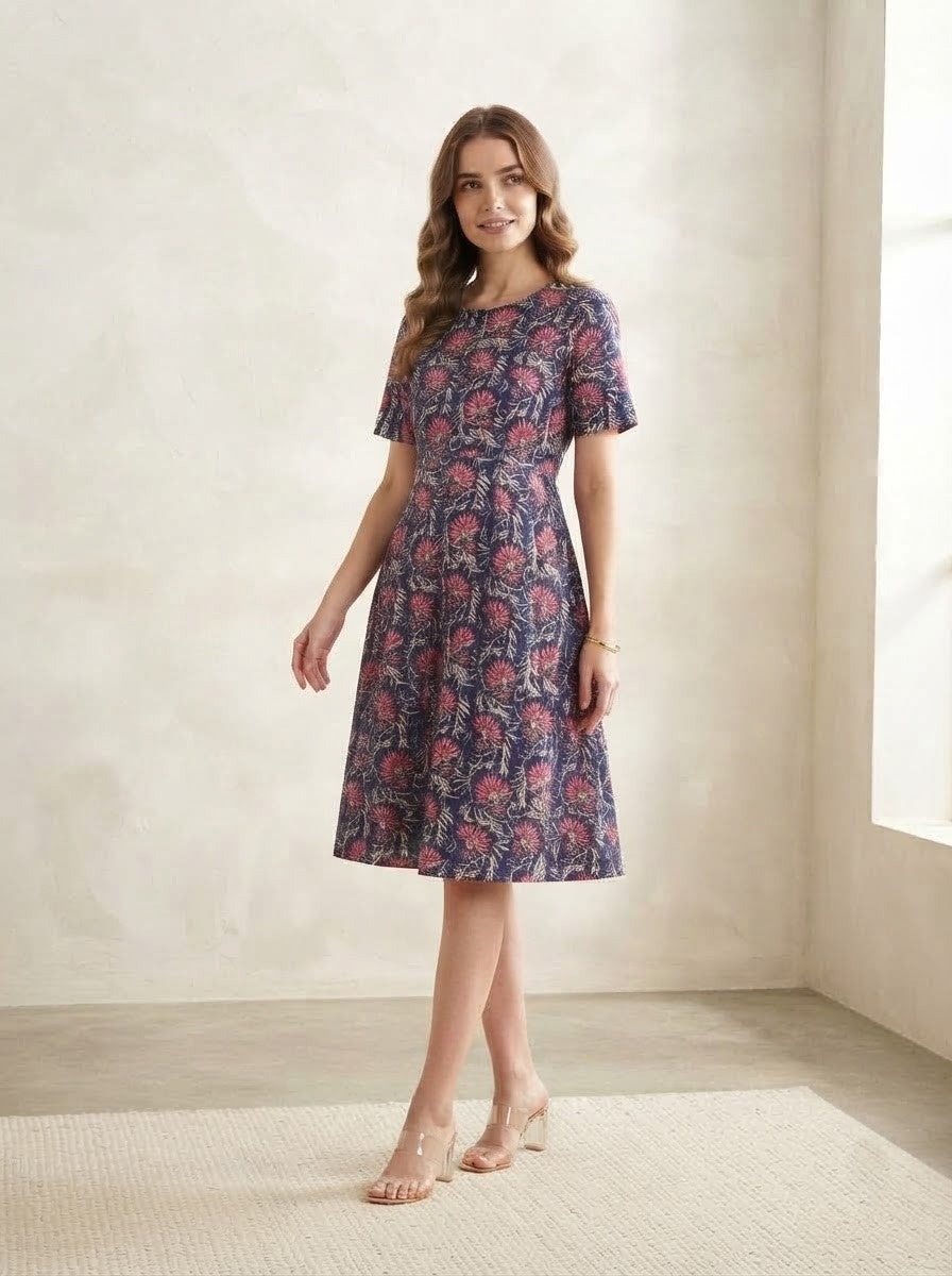 Navy Blue & Pink Floral Premium Cotton Fit & Flare Dress