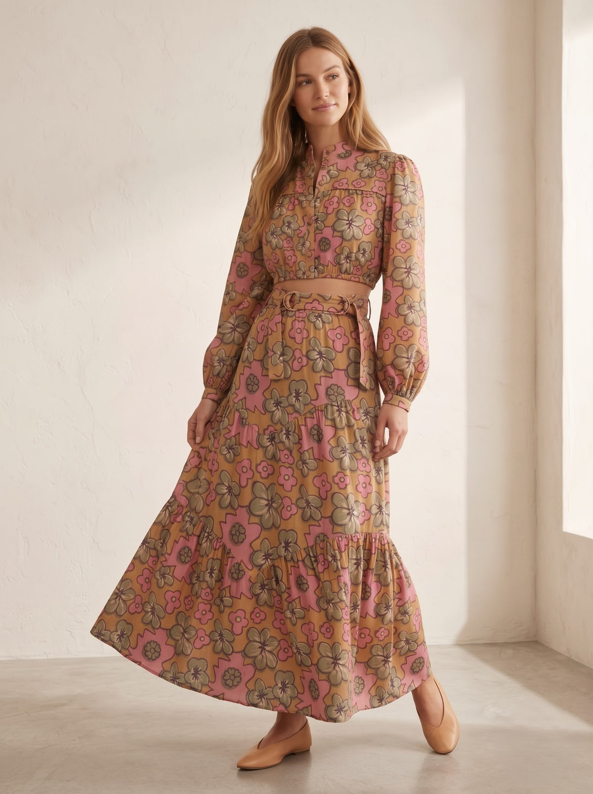 Beige & Pink Floral Printed Top & Skirt Set