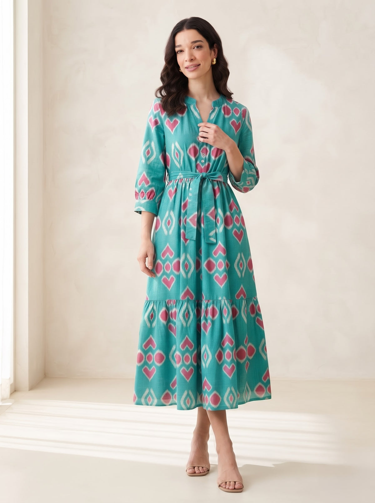 Turquoise & Pink Ikat Printed Maxi Dress