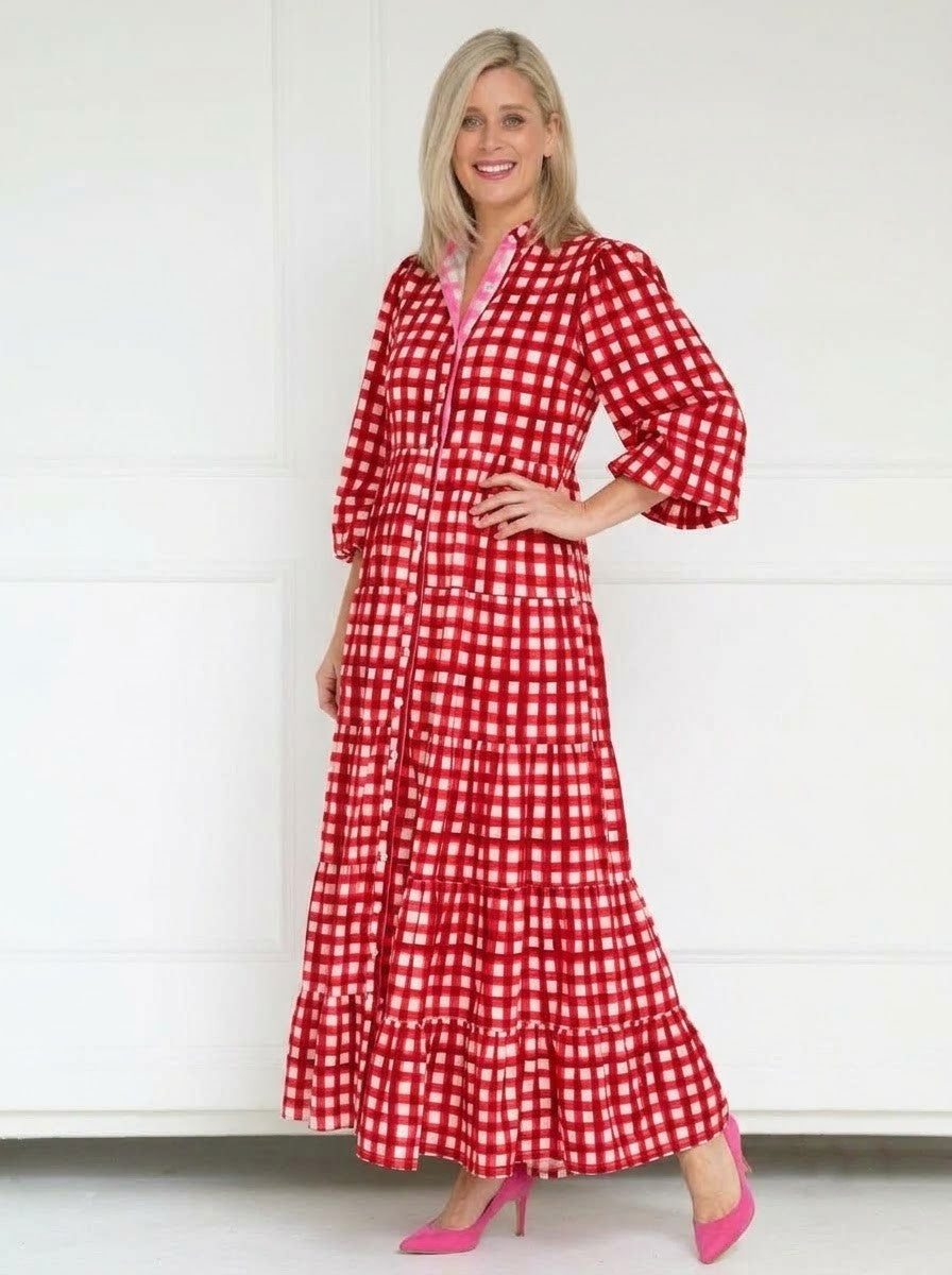 Red & White Gingham Checked Shirt Maxi Dress
