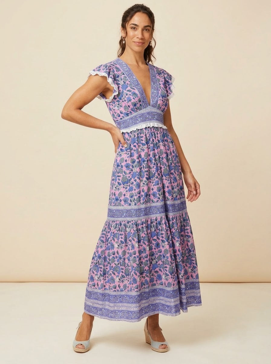 Pink & Blue Floral Printed Tiered Maxi Dress