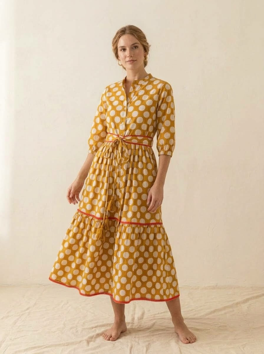 Mustard Yellow Polka Dot Tiered Maxi Dress