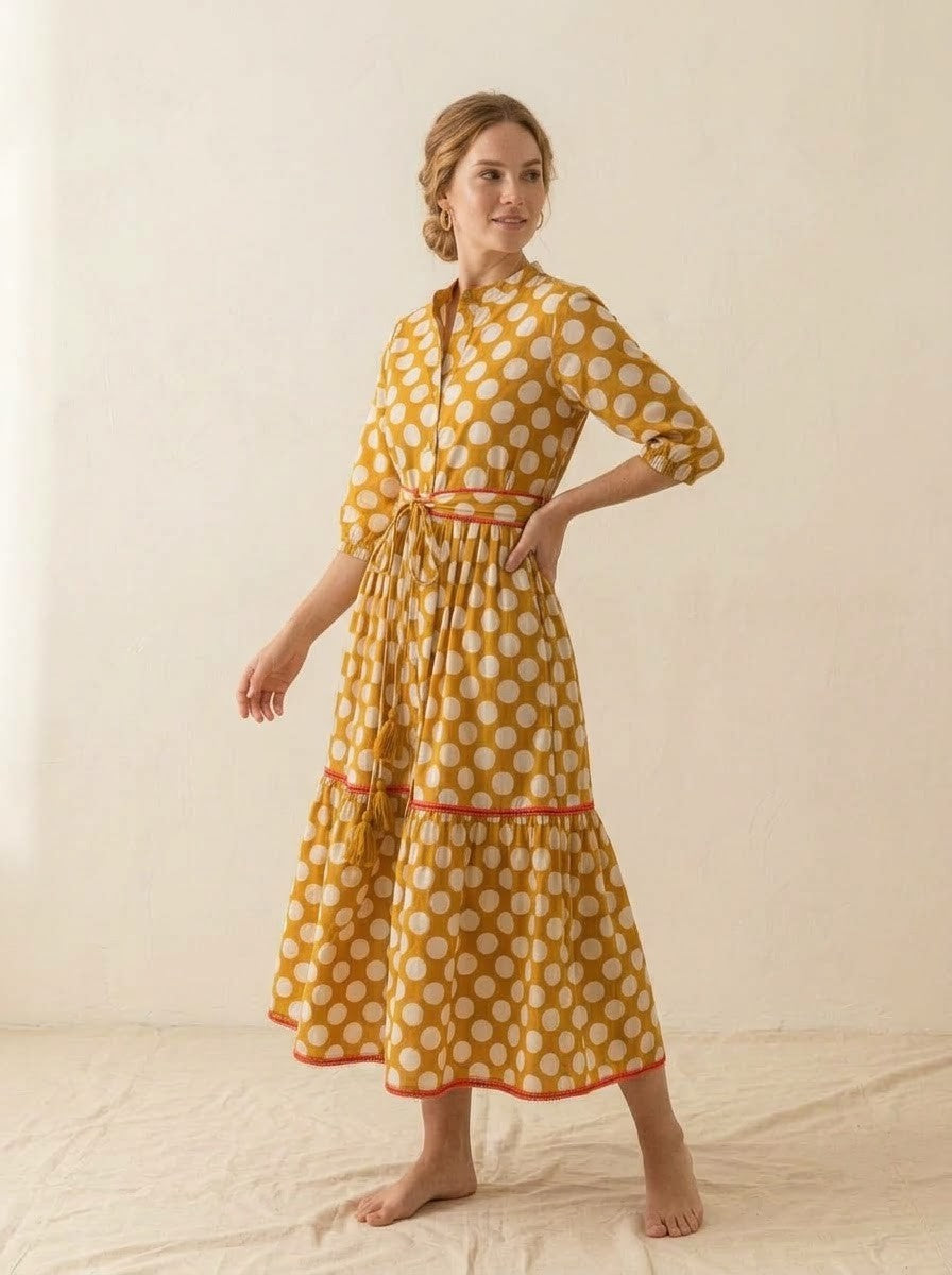 Mustard Yellow Polka Dot Tiered Maxi Dress