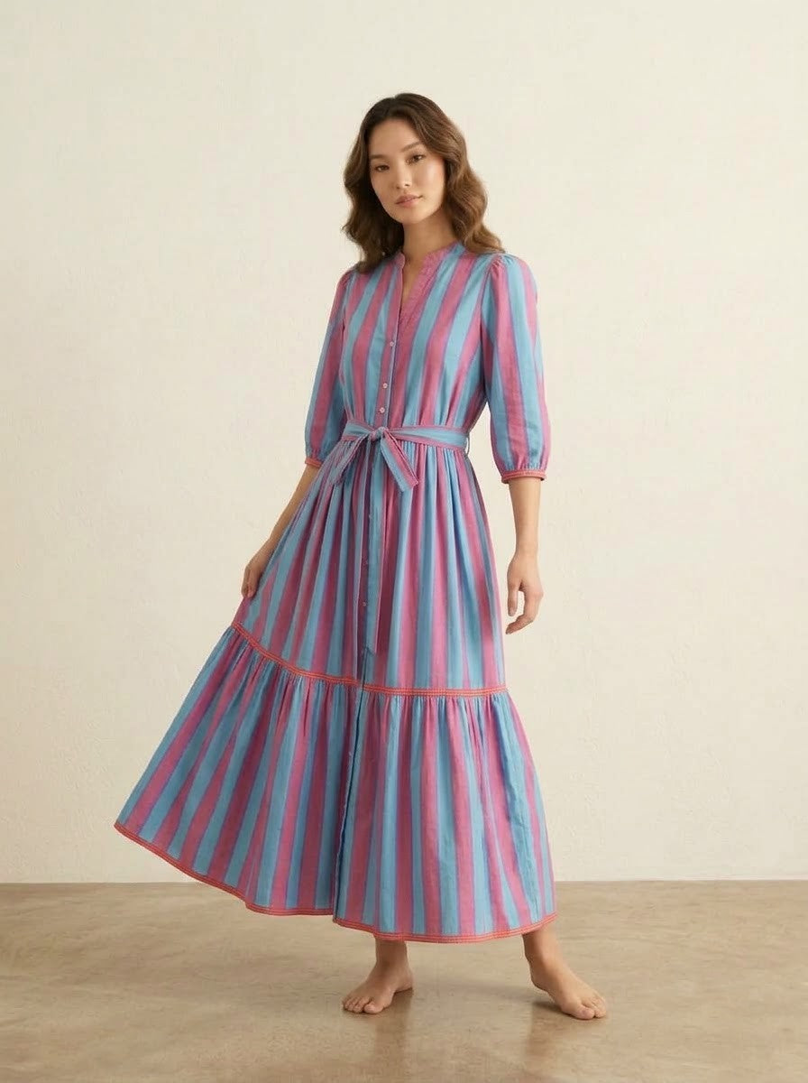 Pink & Blue Striped Tiered Maxi Dress