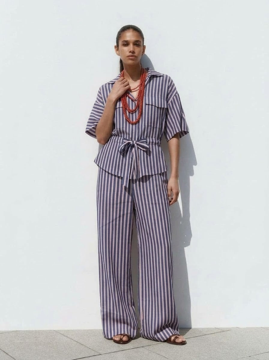 Blue & Pink Vertical Striped Belted Co-Ord Set