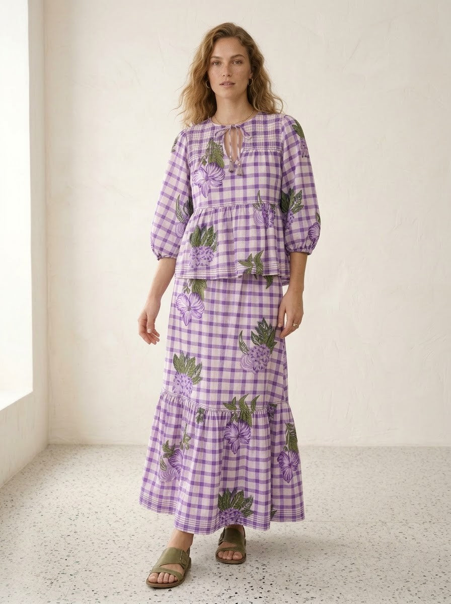 Purple Gingham Floral Printed Top & Skirt Set