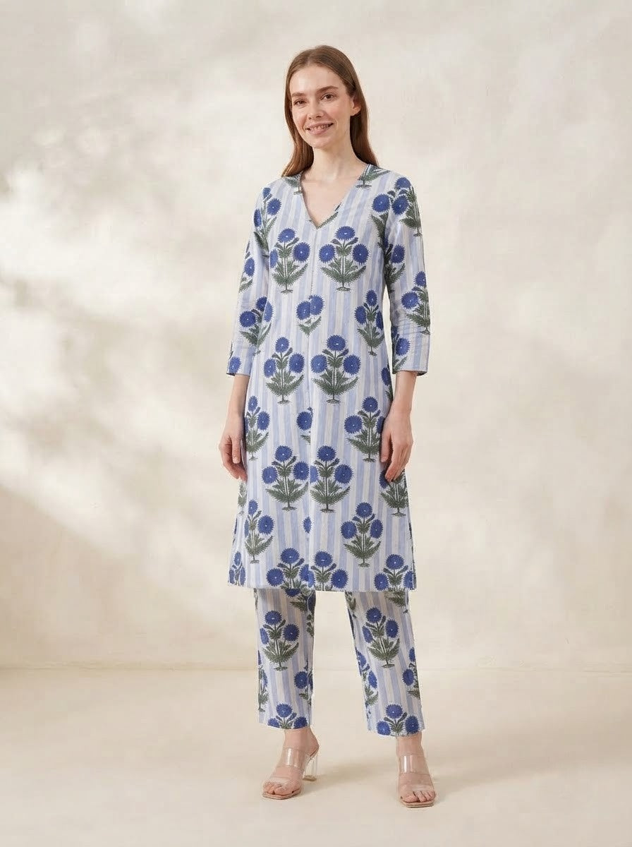 White & Blue Striped Floral Printed Co-Ord Set