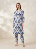 White & Blue Striped Floral Printed Co-Ord Set