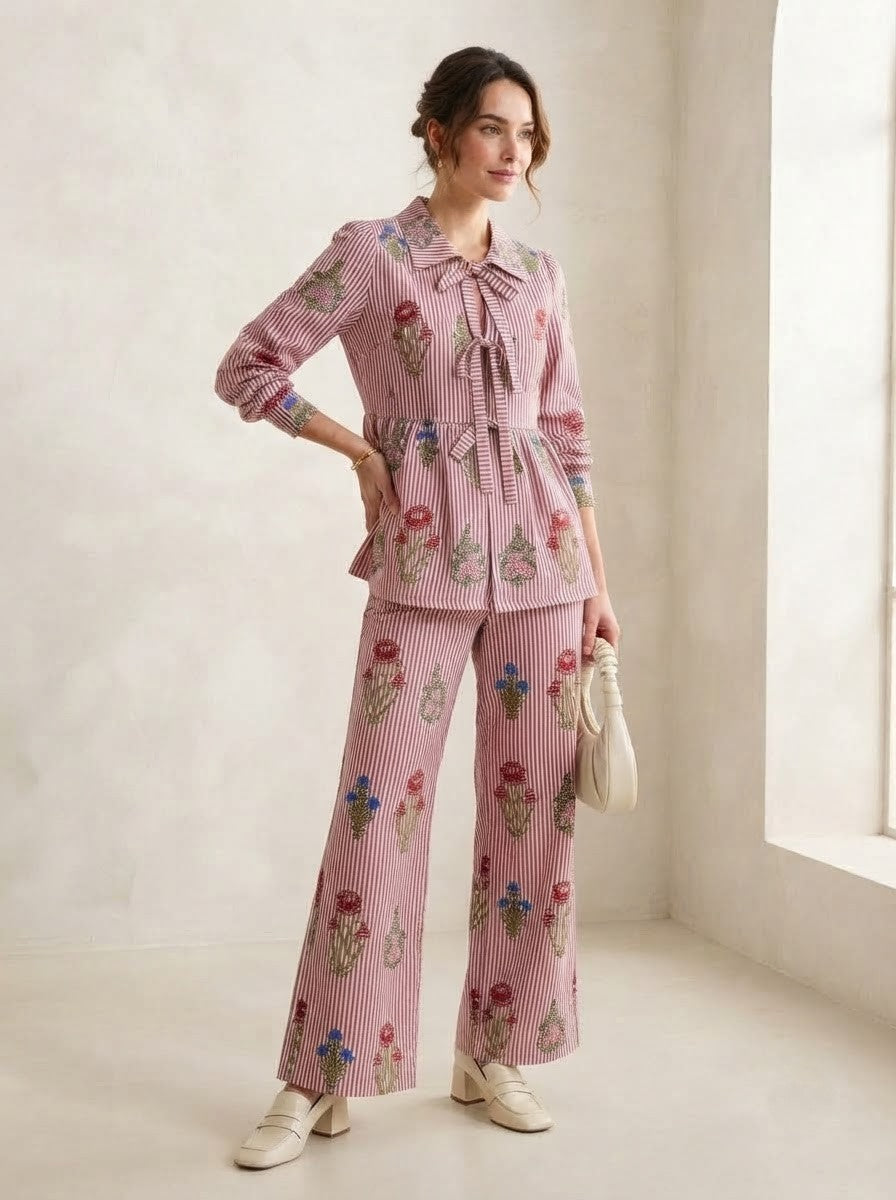 Maroon & White Striped Floral Co-Ord Set