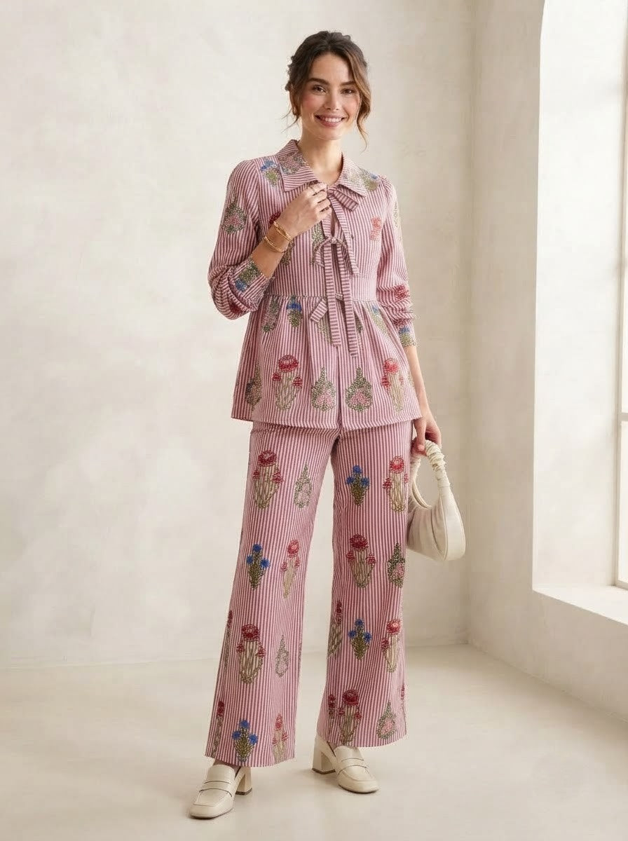 Maroon & White Striped Floral Co-Ord Set