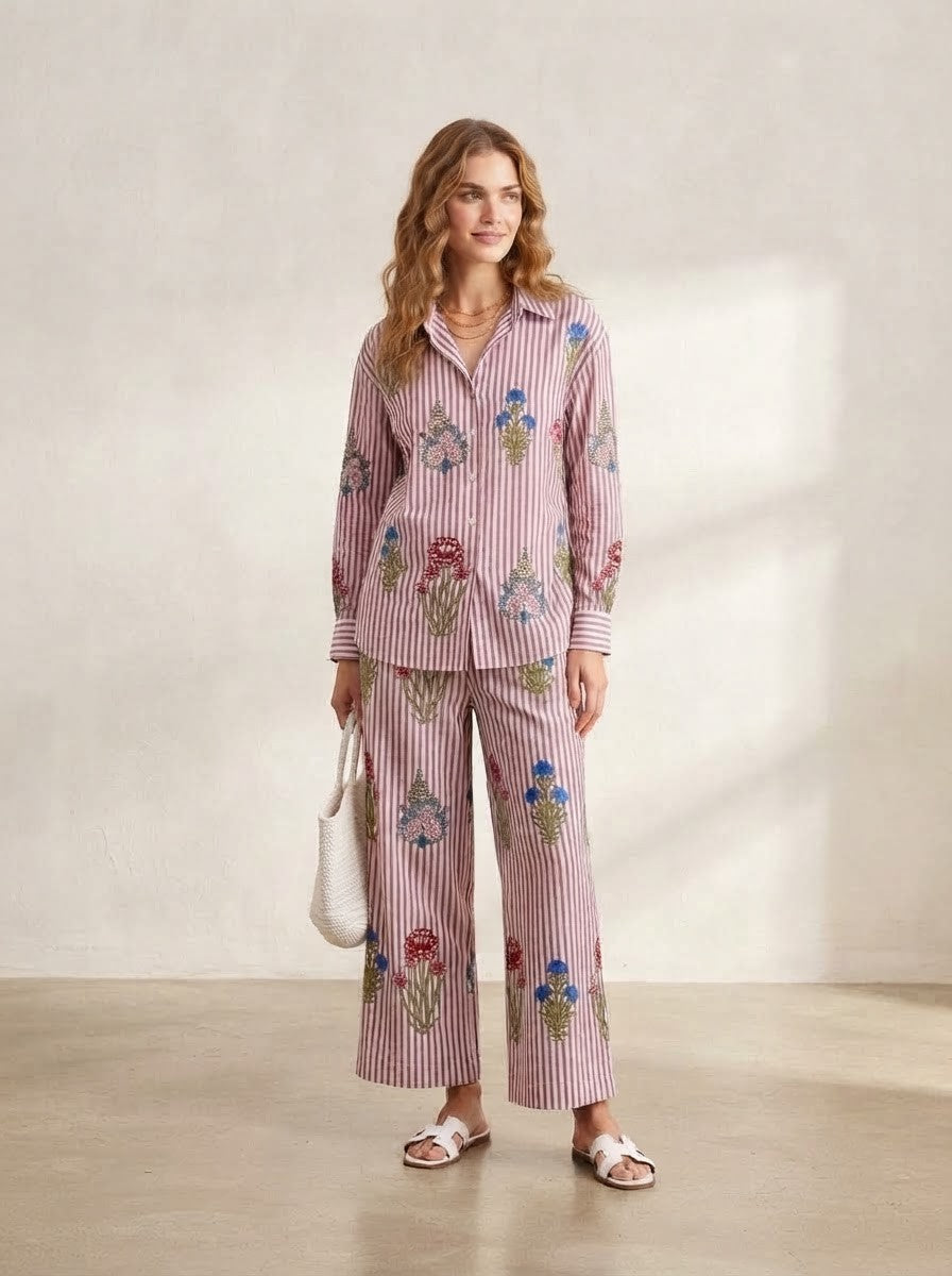 Pink & Maroon Striped Floral Co-Ord Set