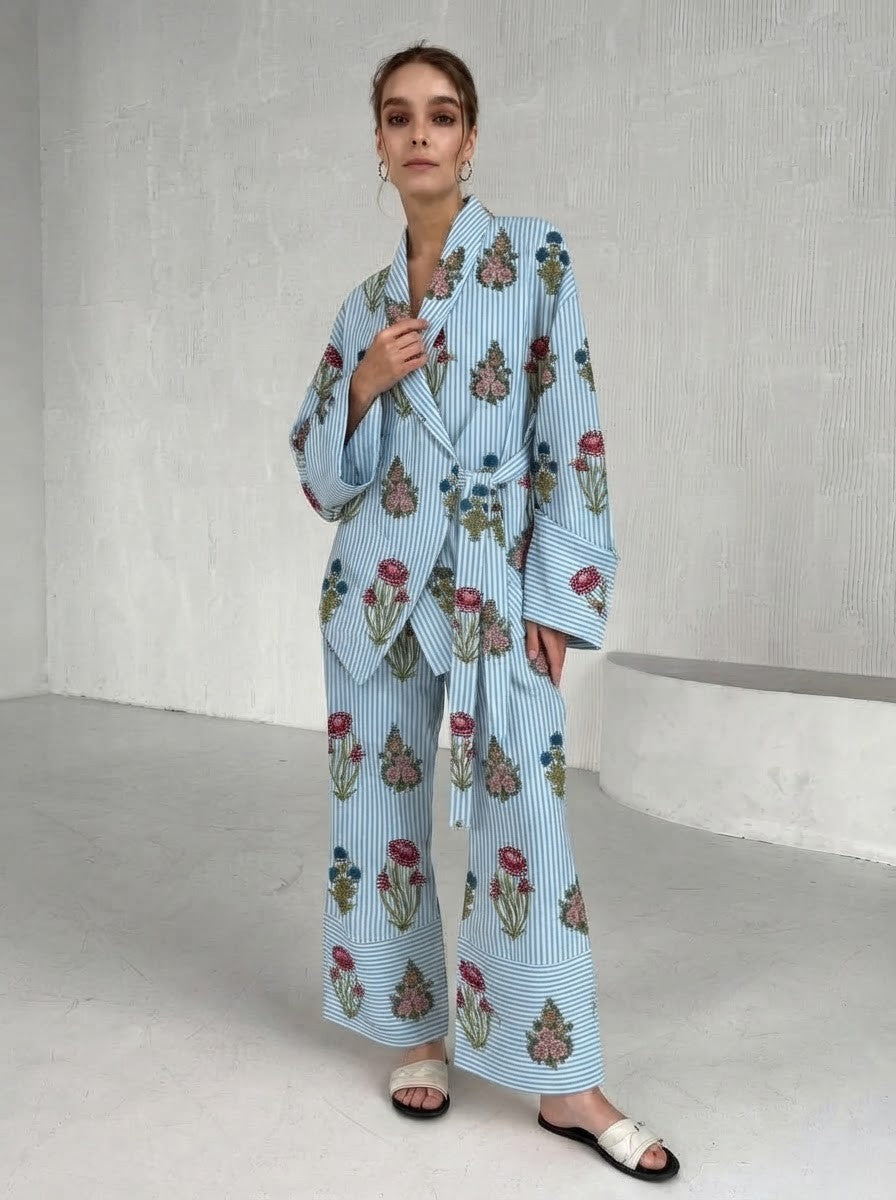 Sky Blue Striped Floral Printed Co-Ord Set