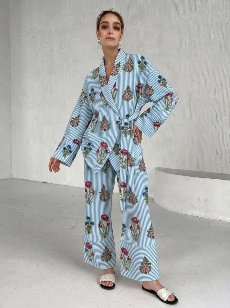 Sky Blue Striped Floral Printed Co-Ord Set