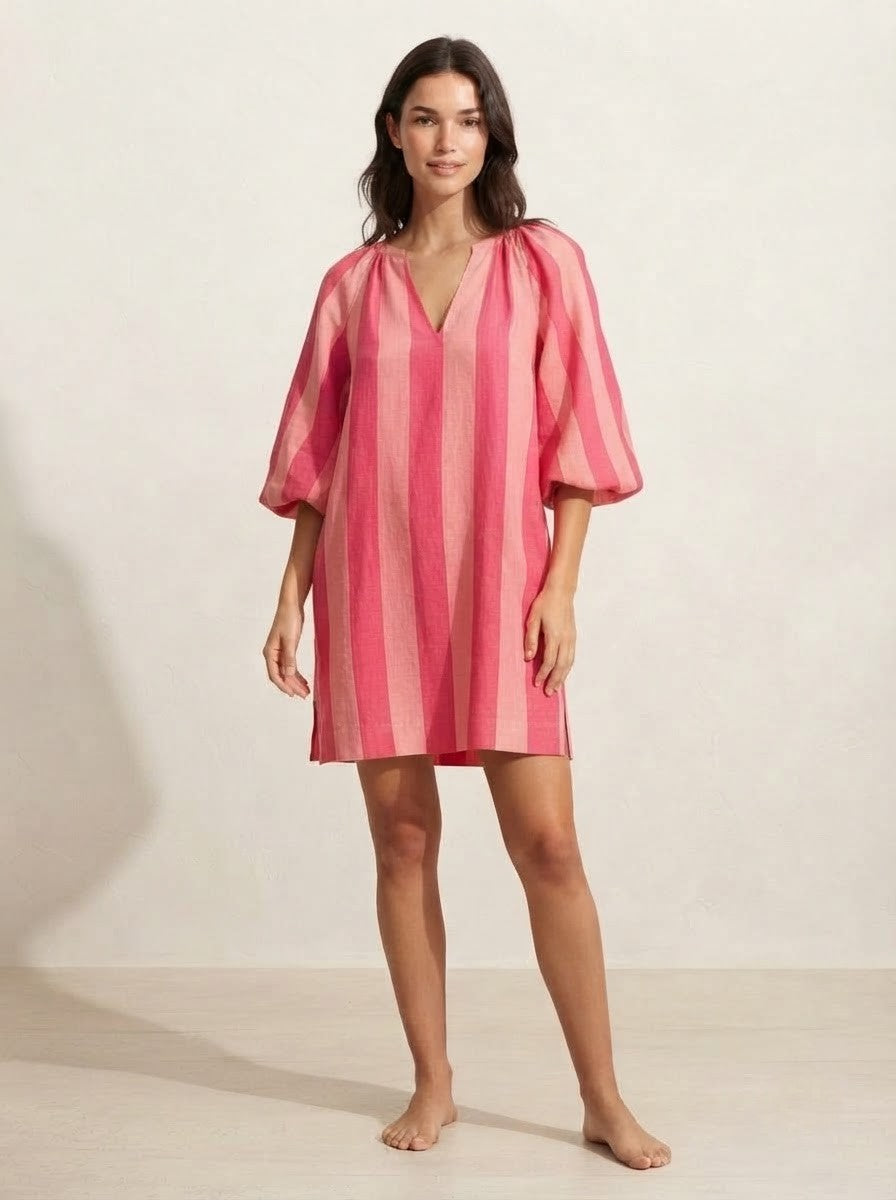 Vibrant Pink Striped Premium Cotton Dress