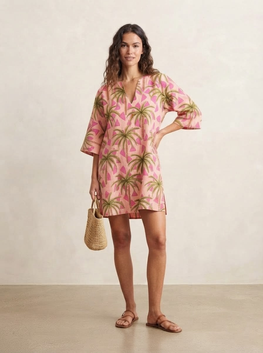 Tropical Palm Print Premium Cotton Dress