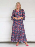 Navy Blue & Pink Floral Tiered Premium Cotton Dress