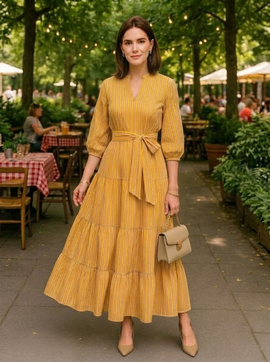 Yellow Striped Premium Cotton Tiered Dress
