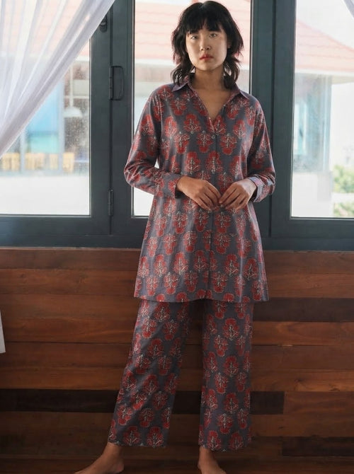 Charcoal & Red Floral Block Print Premium Cotton Co-ord Set