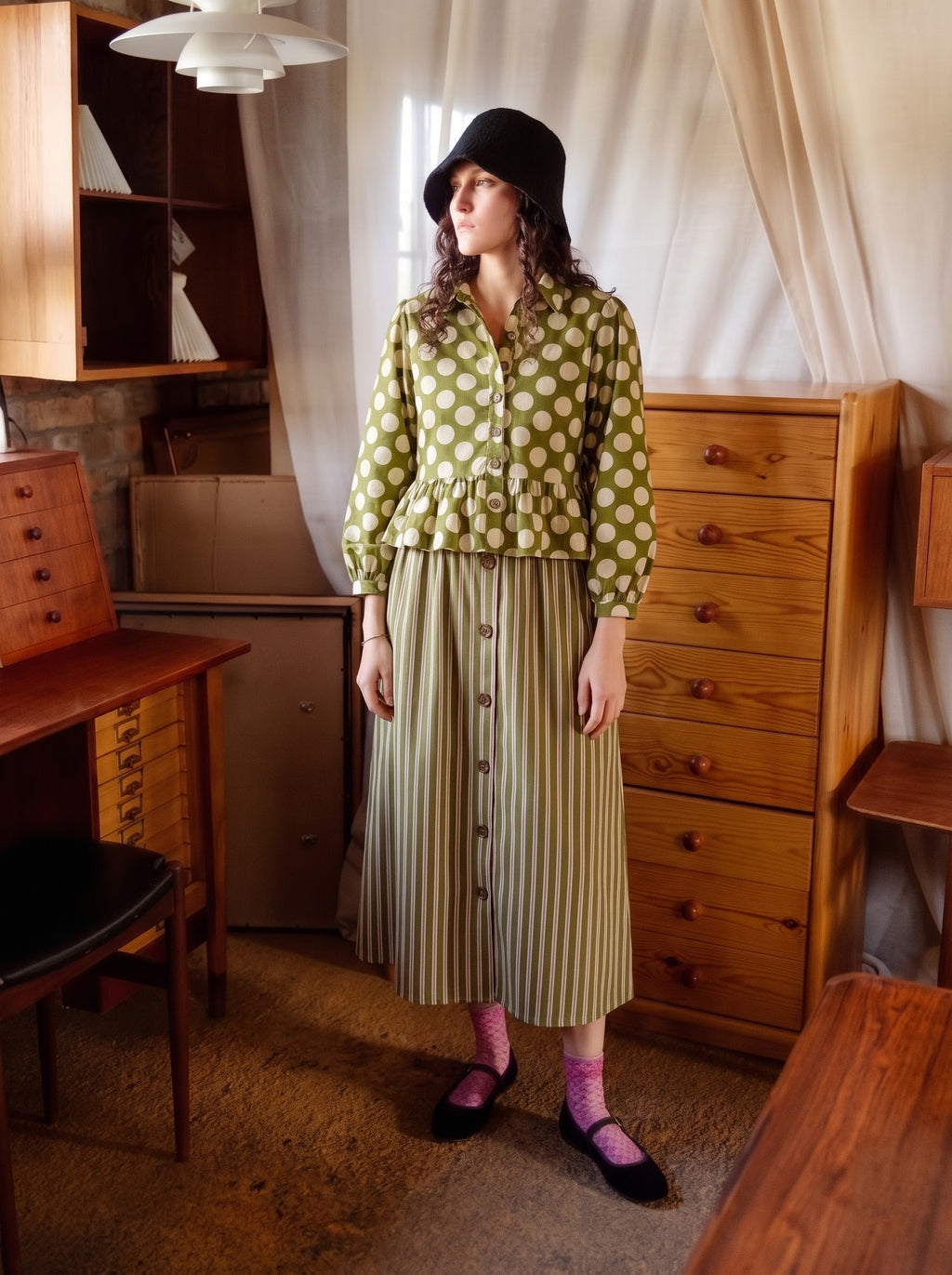 Olive Polka Dot Top & Striped Skirt Set