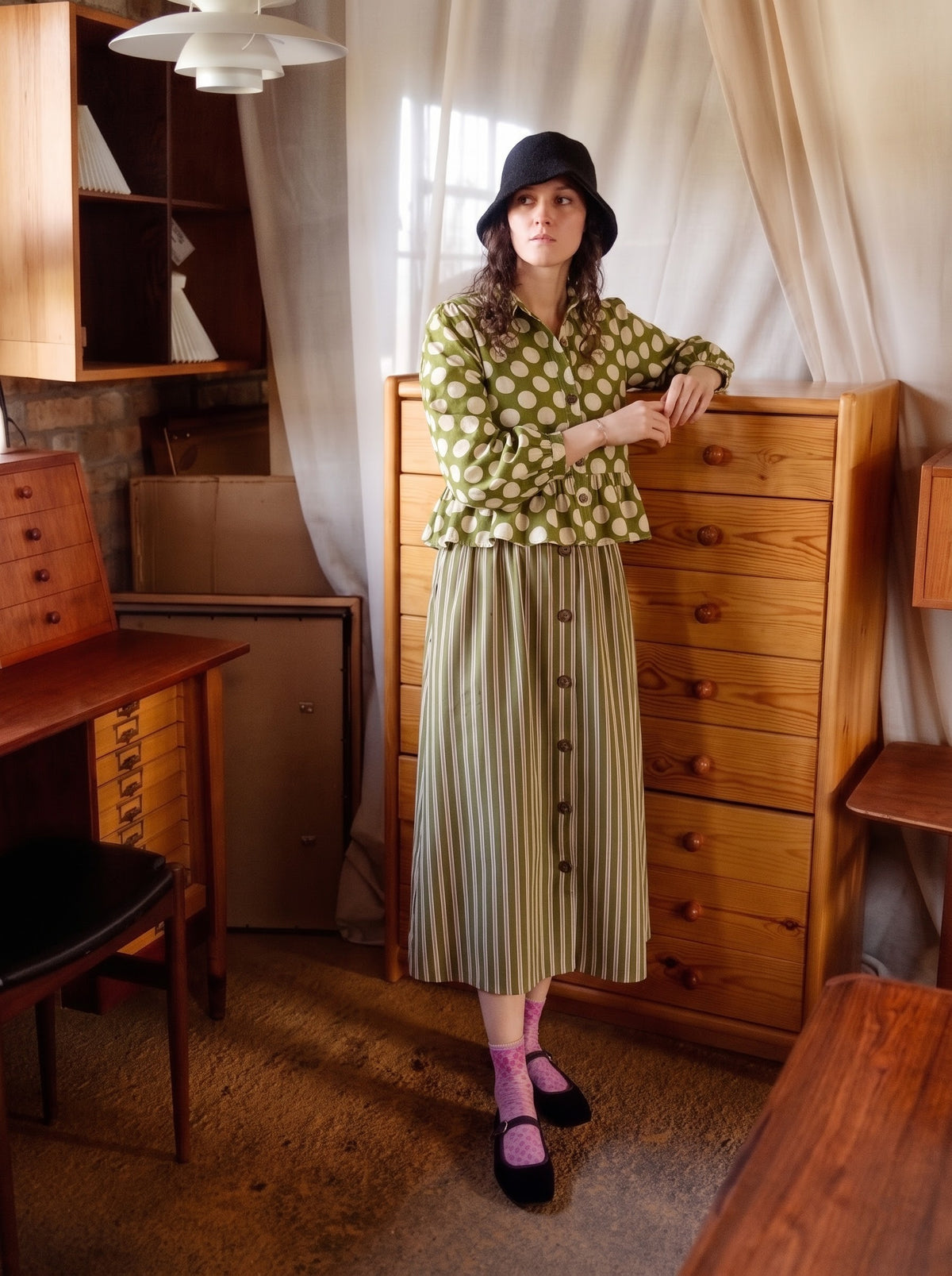 Olive Polka Dot Top & Striped Skirt Set