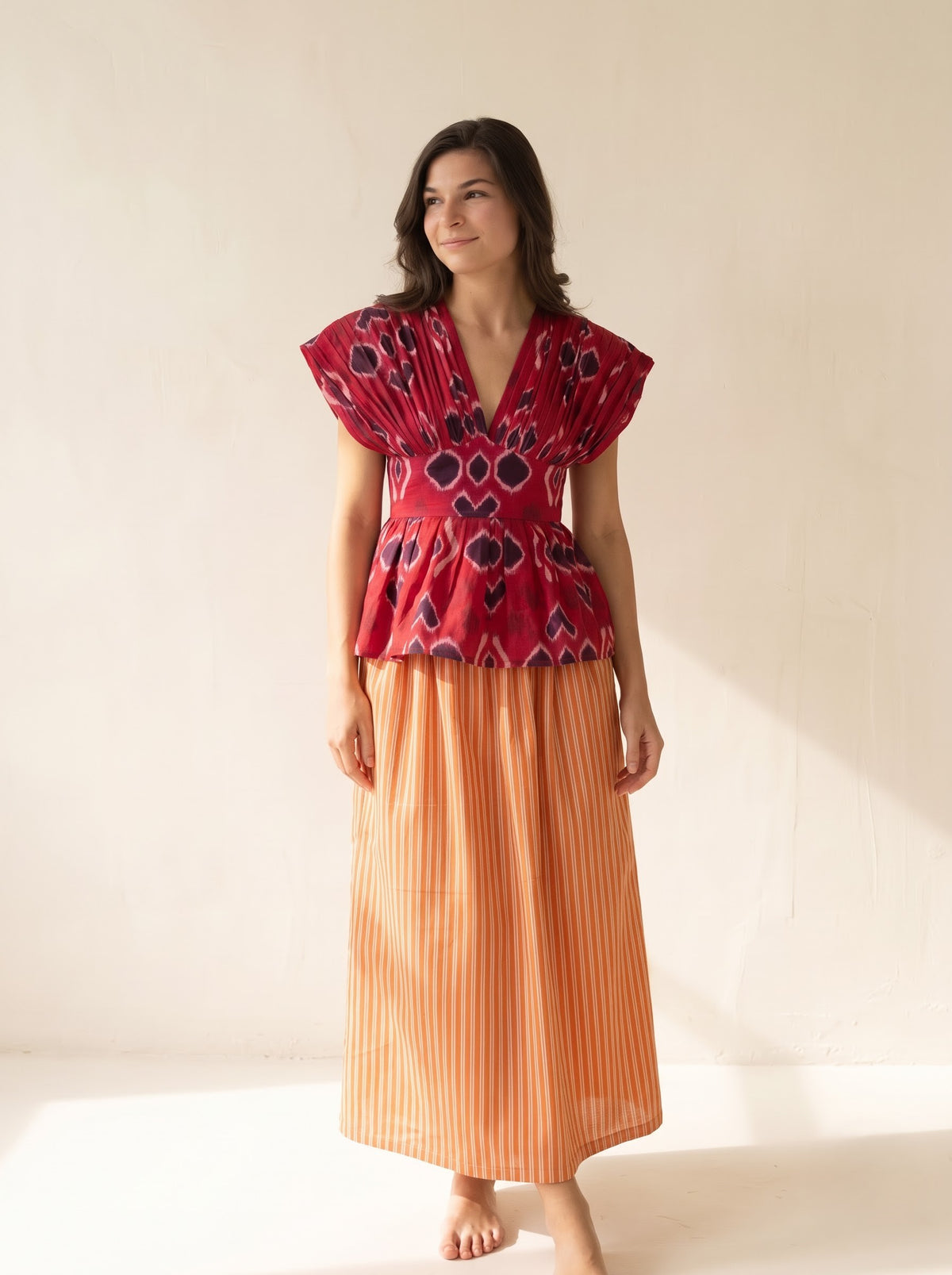 Maroon Ikat Printed Top & Orange Striped Skirt Set