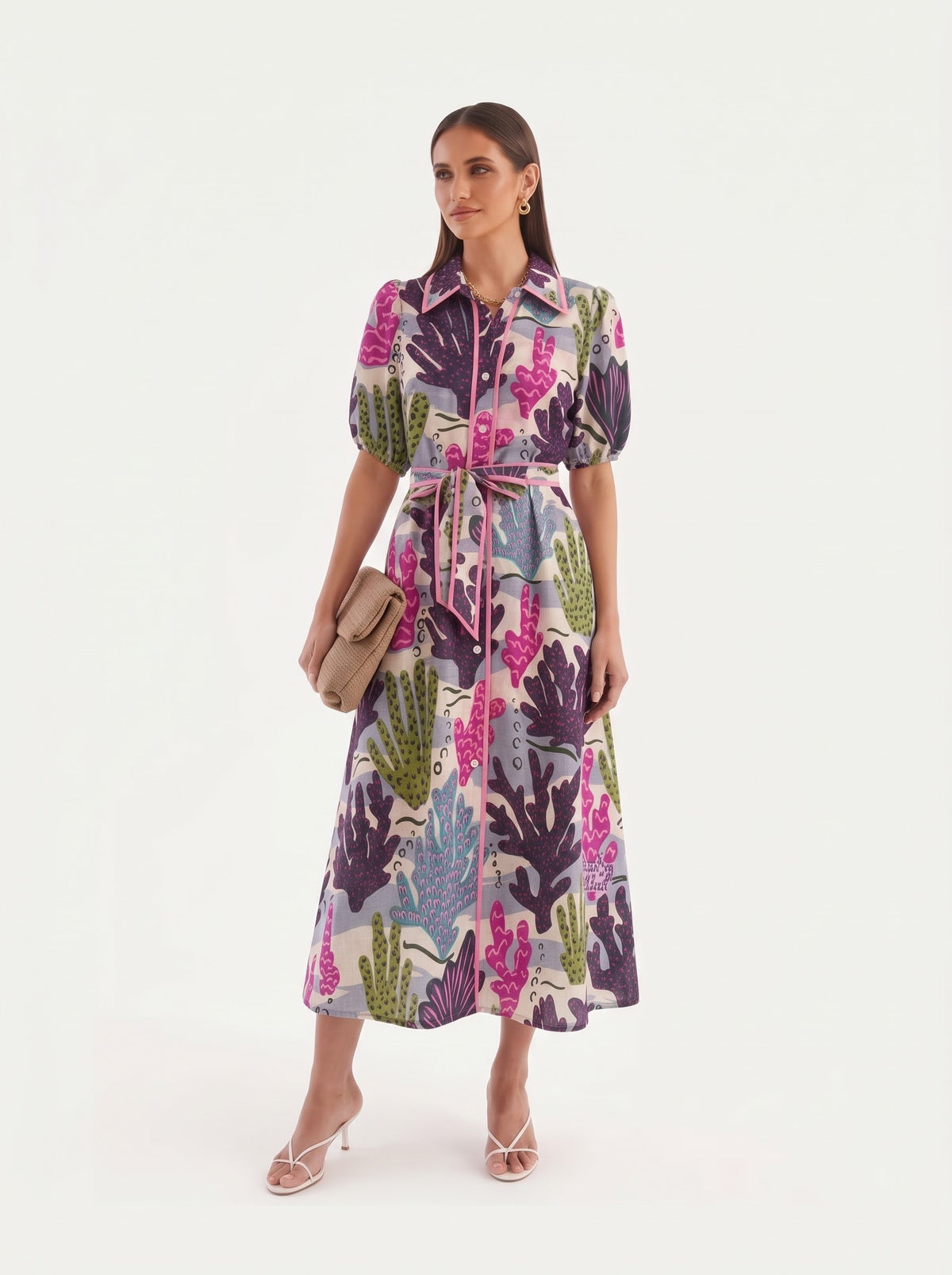 Multicolor Coral Printed Shirt Style Midi Dress