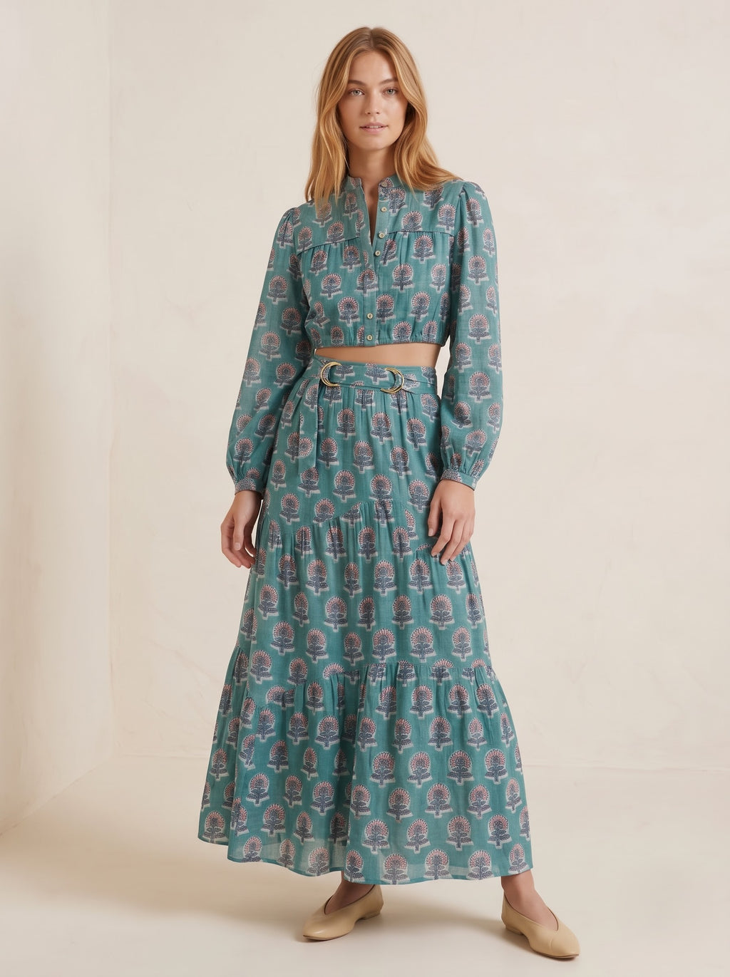 Teal Blue Floral Printed Top & Skirt Set