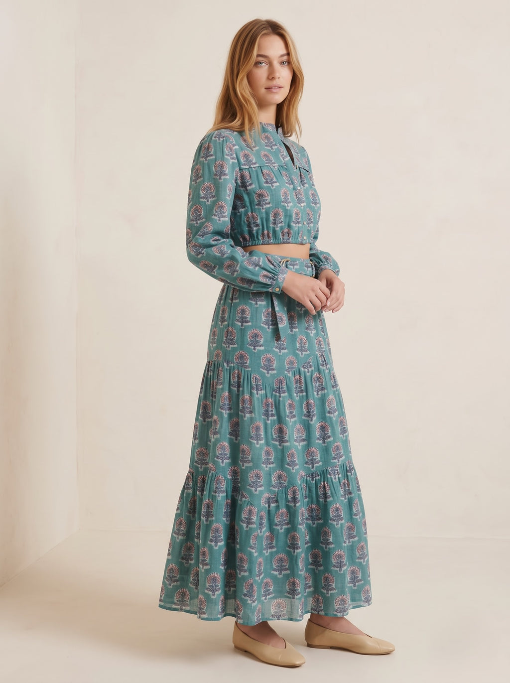 Teal Blue Floral Printed Top & Skirt Set
