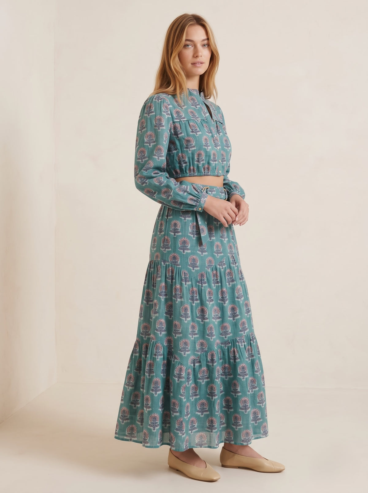 Teal Blue Floral Printed Top & Skirt Set