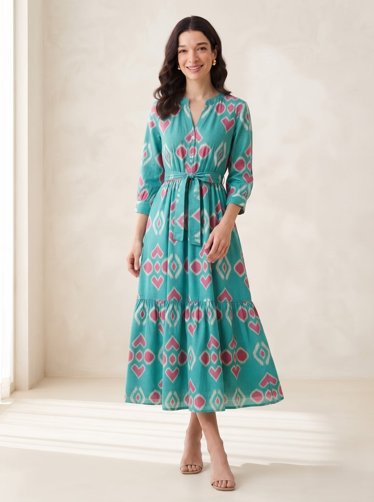 Turquoise & Pink Ikat Printed Maxi Dress