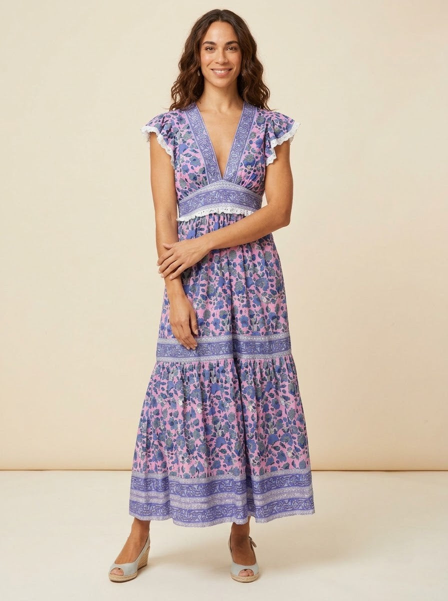 Pink & Blue Floral Printed Tiered Maxi Dress