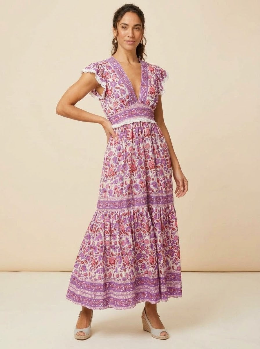 Purple & Pink Floral Printed Tiered Maxi Dress