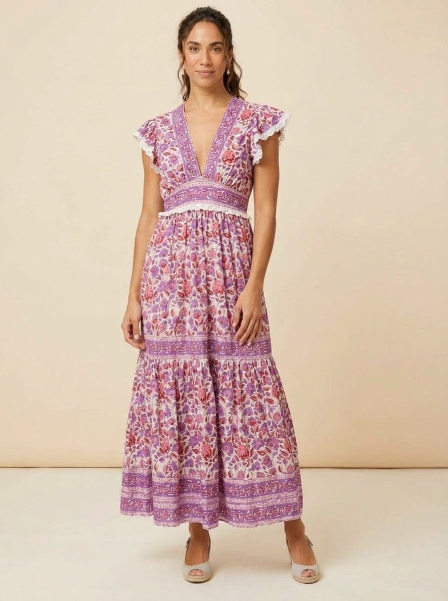 Purple & Pink Floral Printed Tiered Maxi Dress