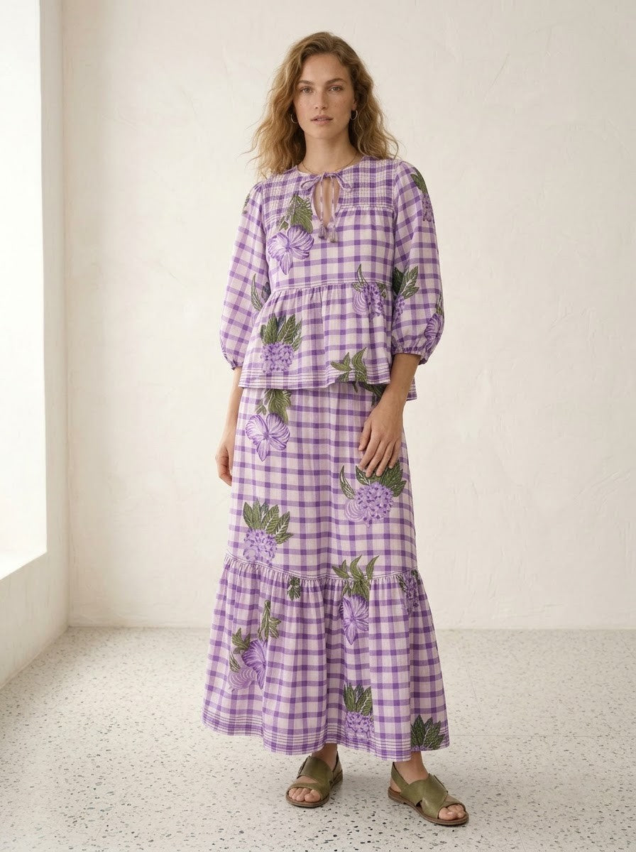 Purple Gingham Floral Printed Top & Skirt Set
